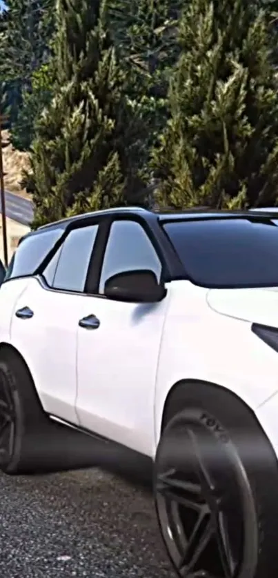 White SUV driving through a scenic forest landscape.