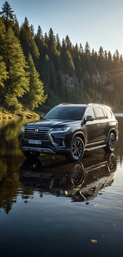 Luxury SUV parked at tranquil lakeside with forest reflection.