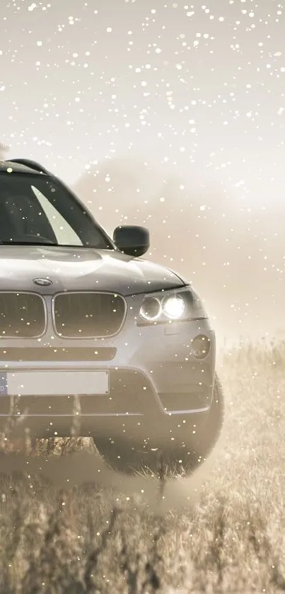 Sleek silver SUV driving in dusty terrain with sunlight.