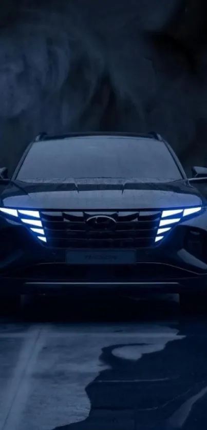 Sleek SUV with LED lights at night in a dark setting.