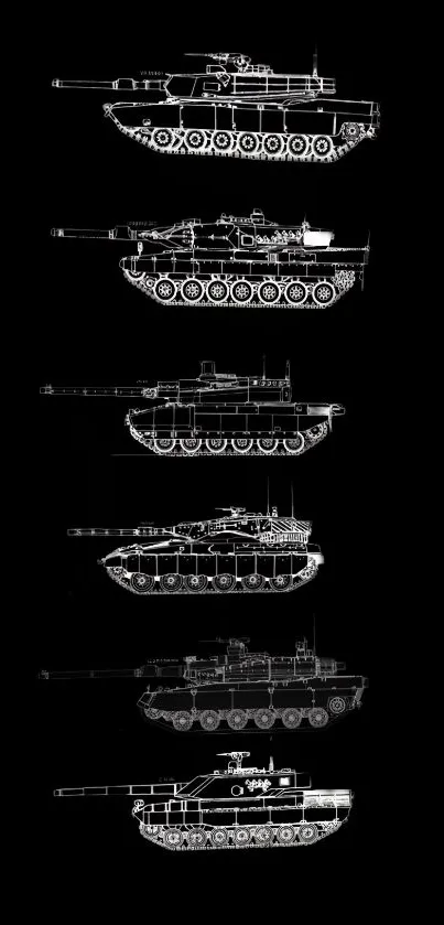 Minimalist tank blueprint art on black background.