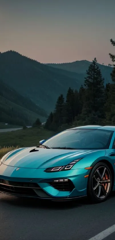 Teal sports car driving in a mountain nightscape scene.