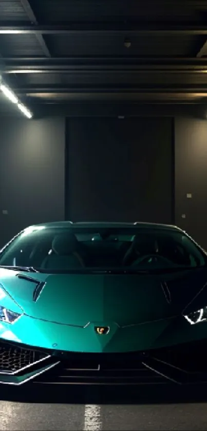 Sleek teal sports car parked in a garage.