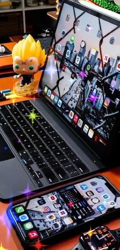 Modern desk setup with smartphone, tablet, and smartwatch in a sleek arrangement.