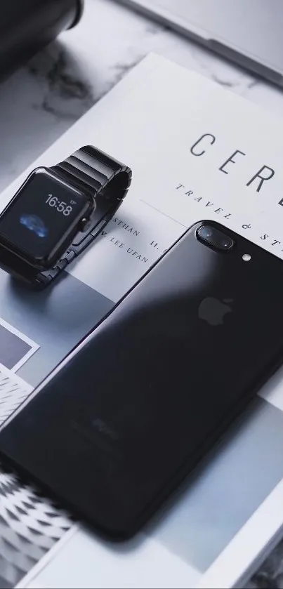 Sleek black smartphone and smartwatch on a minimalist desktop.