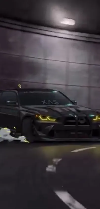 Car drifts through a dark urban tunnel.