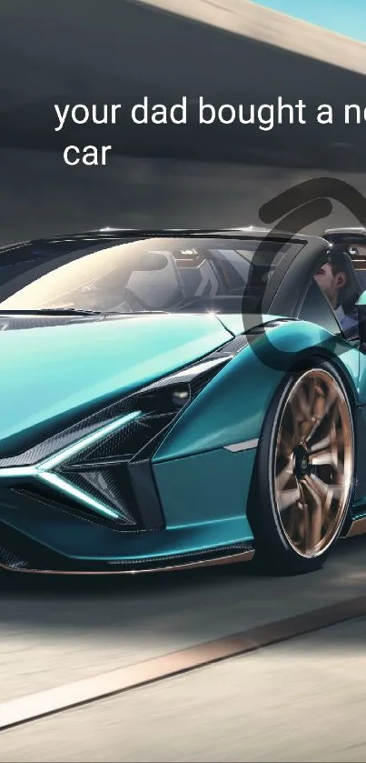 Sleek turquoise sports car speeds down a modern road.