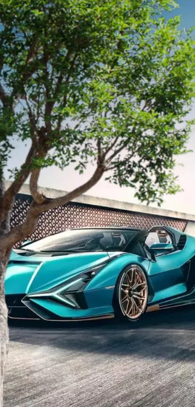 Turquoise sports car parked under a tree on a sunny day, vibrant and stylish.