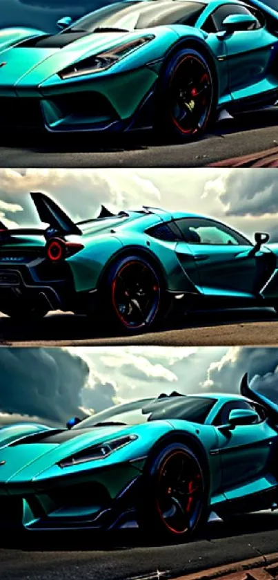 Turquoise supercar with dramatic sky backdrop