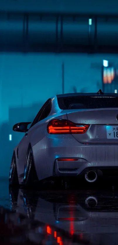 Sleek luxury car in a moody, urban night scene with wet streets and city lights.