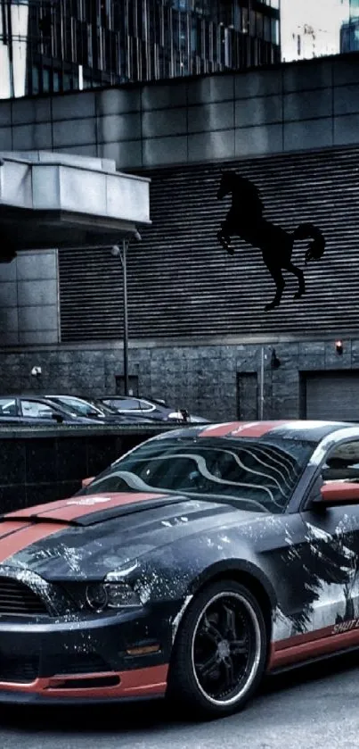 Stylish Mustang car parked in urban setting with cityscape backdrop.