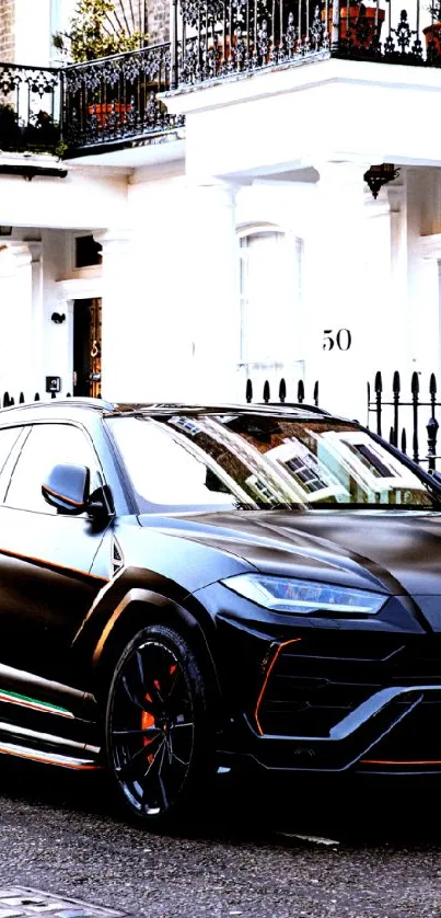 Luxury black SUV parked on an urban street.