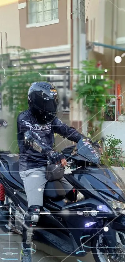 Sleek black motorcycle with rider in an urban setting.