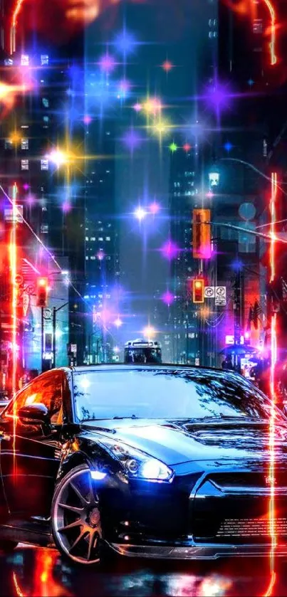 Sleek sports car in vibrant city at night.