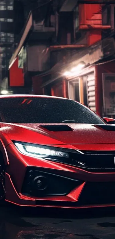 Red sports car in urban night setting with city lights.