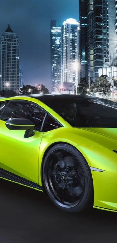 A neon green sports car driving in a city at night.