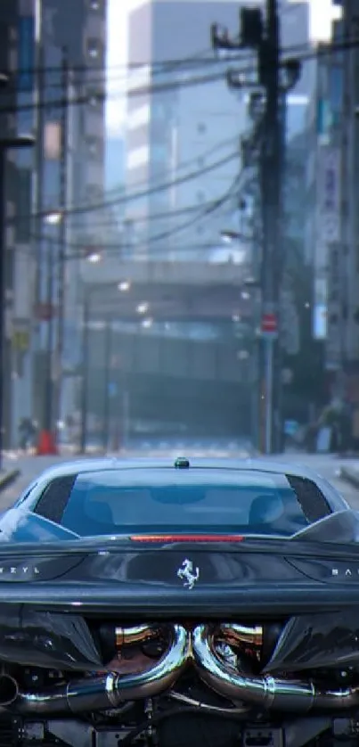 Sleek sports car on city street wallpaper.