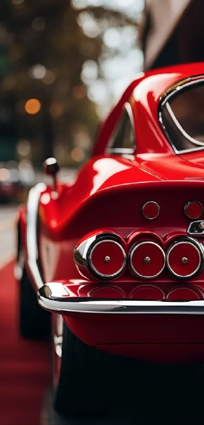 Vintage red car with a sleek design on a city street.