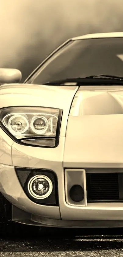 Sepia-toned vintage sports car close-up wallpaper.