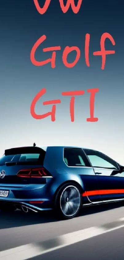 Sleek blue VW Golf GTI driving on road.