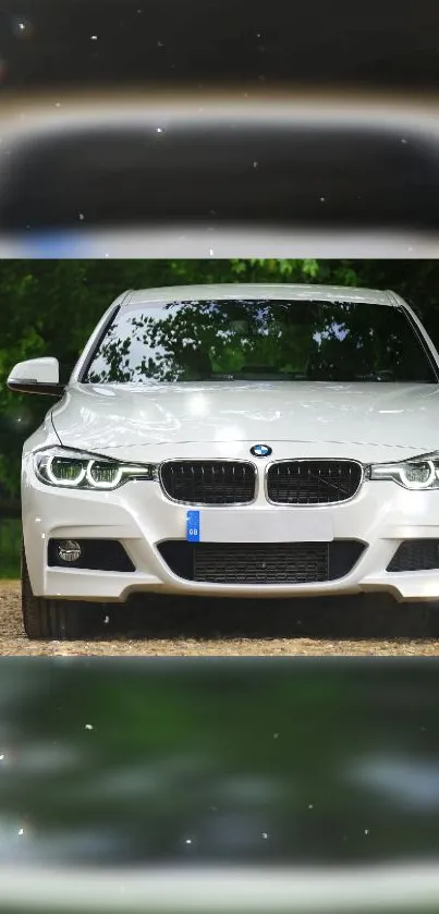 Front view of white BMW car with green nature background.