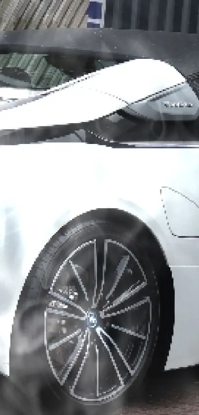 Sleek white sports car with black accents parked outdoors.