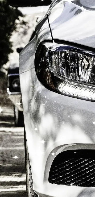 Sleek white car on a rustic road with shadows and nature around.