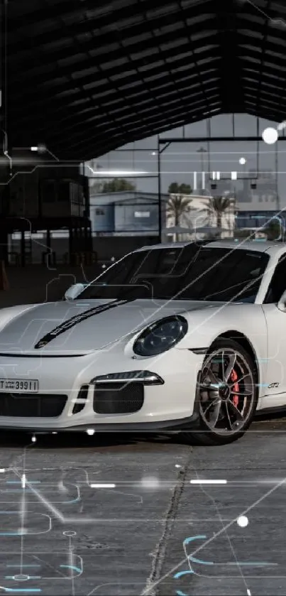 Sleek white sports car in industrial setting.
