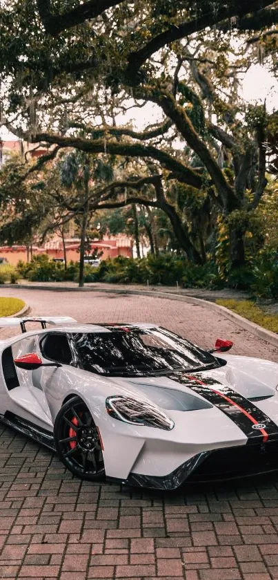 White sports car on brick path surrounded by trees.