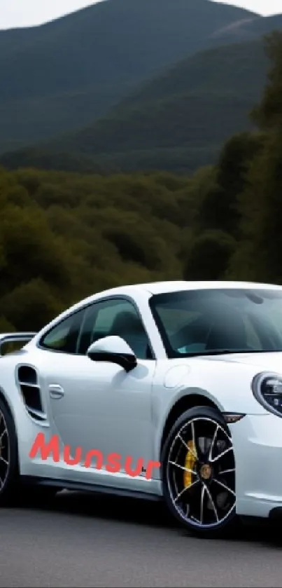 White sports car in a scenic green landscape.