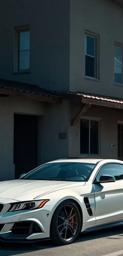 Sleek white sports car parked by a modern building.