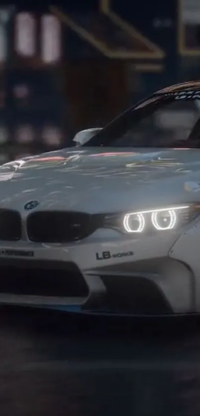 Sleek white sports car at night, city reflections.