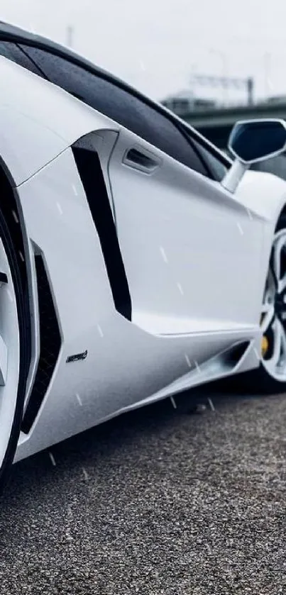 Close-up of a sleek white sports car parked on a street.