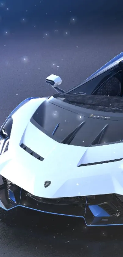 Sleek white sports car on dark background with blue accents.