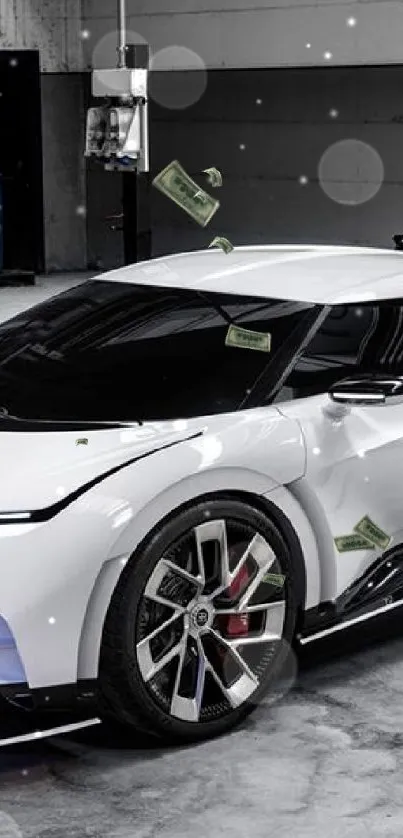 White sports car parked in a garage setting.