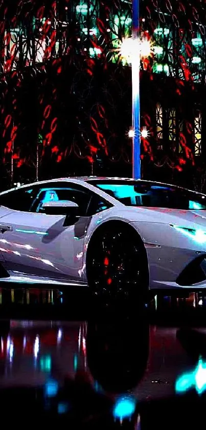 White sports car with neon lights at night.