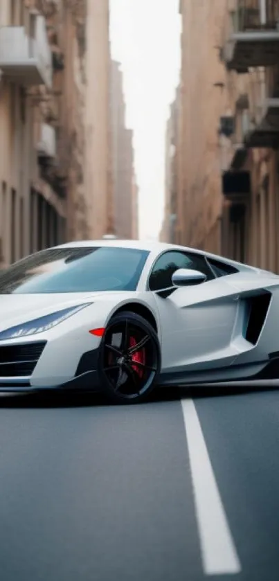White sports car parked in an urban alleyway with rustic buildings.