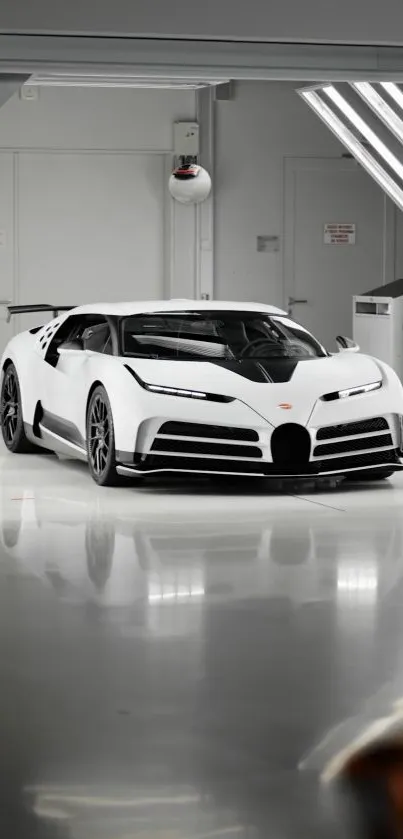 Sleek white sports car in a modern showroom setting.