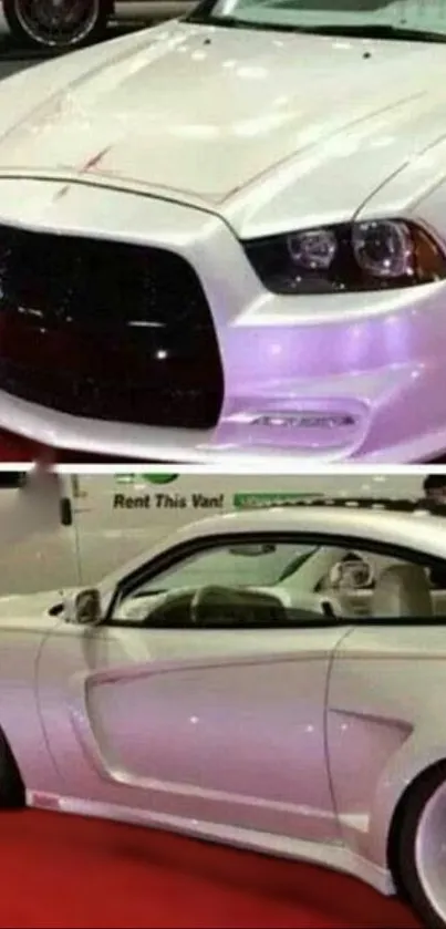 Sleek white sports car in showroom display.