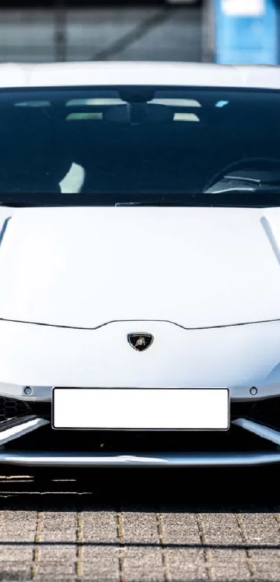 Front view of a sleek white sports car in daylight.