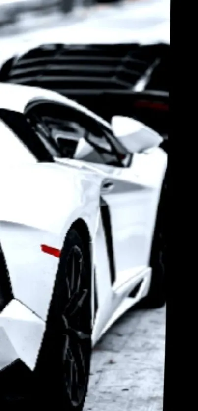 Sleek white sports car on snowy road