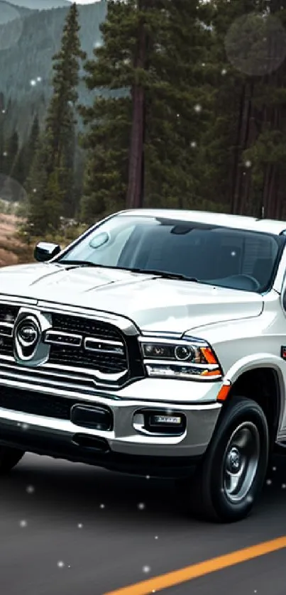 White truck driving on a forested road, showcasing elegance and adventure.