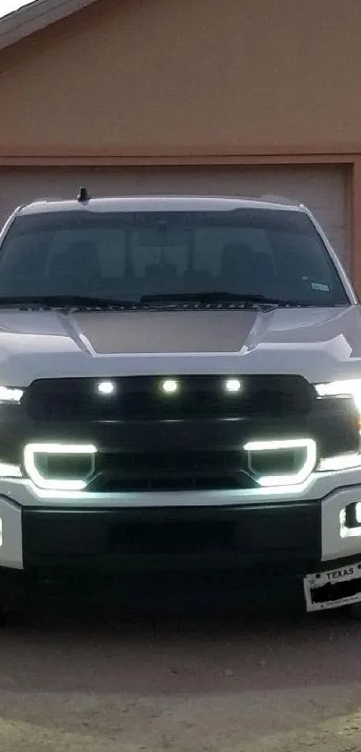 Front view of a white truck with LED lights, perfect for mobile wallpaper.