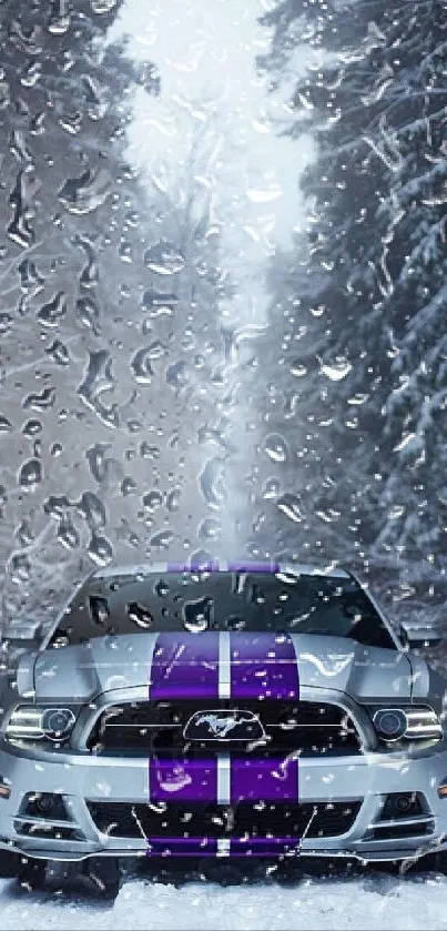 Metallic sports car with purple stripes in a snowy forest.