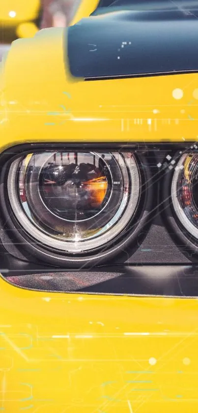 Close-up of a sleek yellow car headlight design.