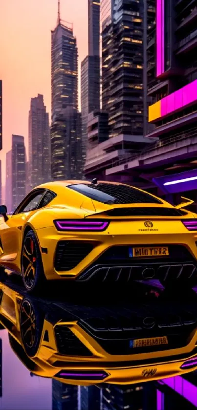 Yellow sports car in futuristic cityscape with neon lights.