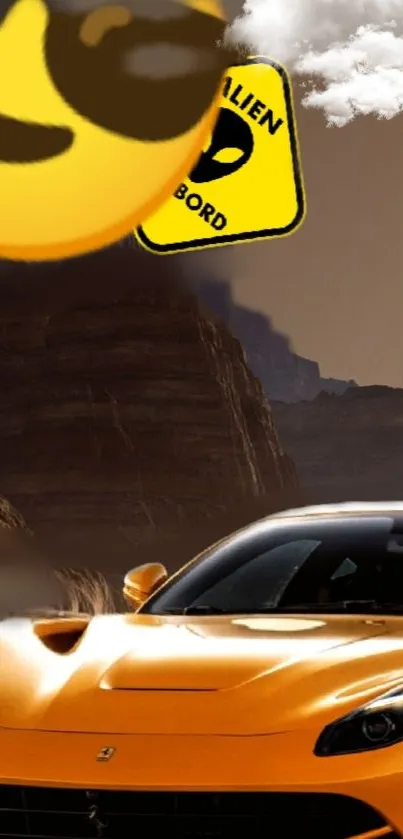 Yellow sports car with emoji in desert.