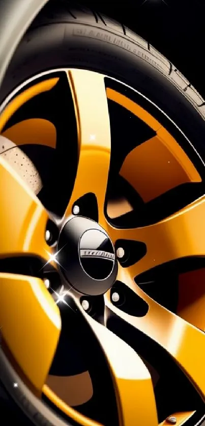 Sleek yellow alloy wheel on a car, perfect for wallpaper.