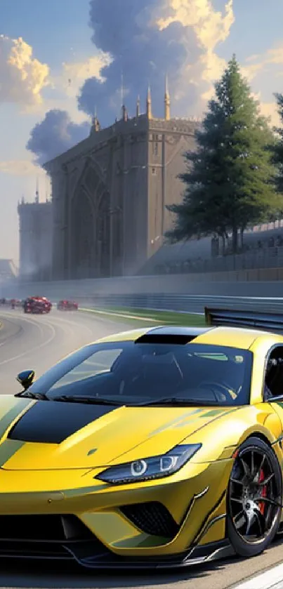 Sleek yellow race car on a vibrant racetrack with a scenic background.