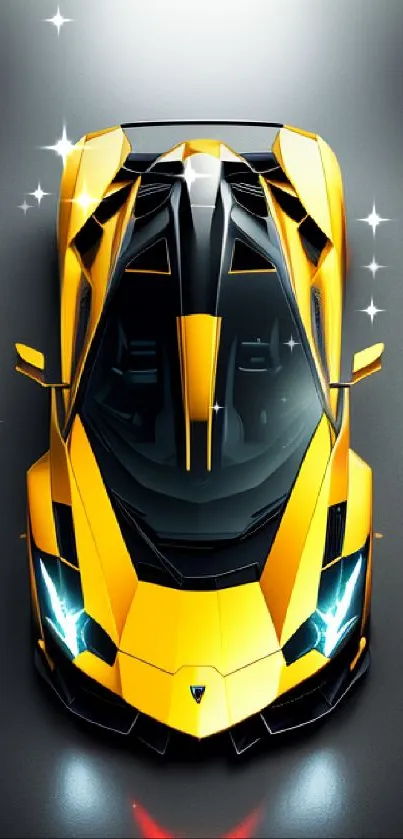 Sleek yellow sports car with glowing headlights on a dark background.